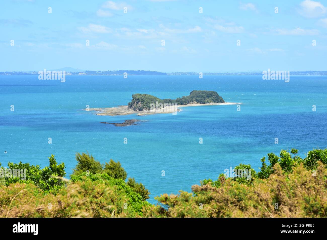 View of Saddle Island in blue waters of Hauraki Gulf with reefs along shoreline exposed during low tide. Stock Photo
