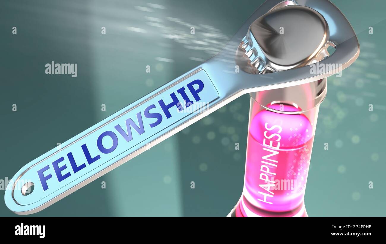 Fellowship open the way for happiness - shown as a happy bottle opened by Fellowship to symbolize the effect and impact of Fellowship, its good values Stock Photo