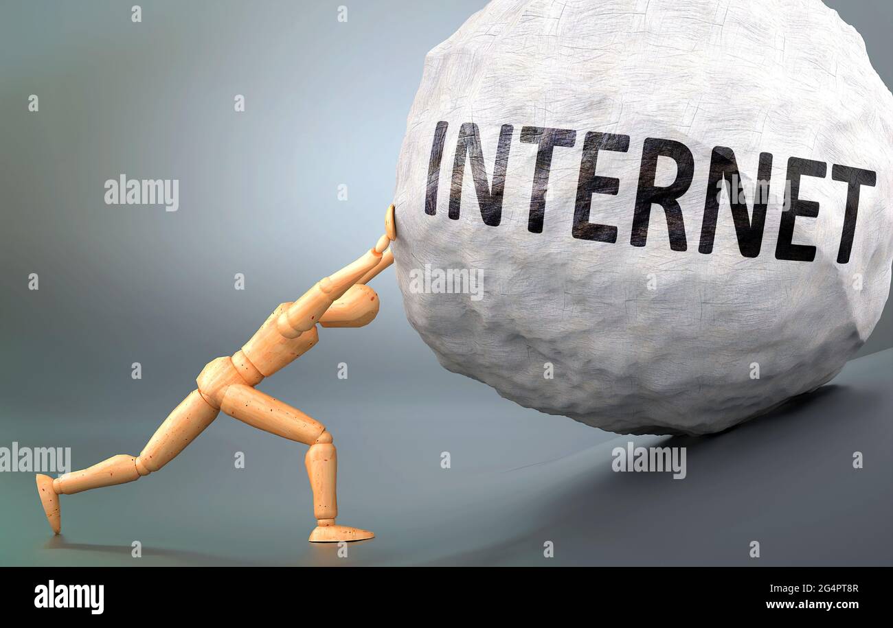 Internet and painful human condition, pictured as a wooden human figure pushing heavy weight to show how hard it can be to deal with Internet in human Stock Photo