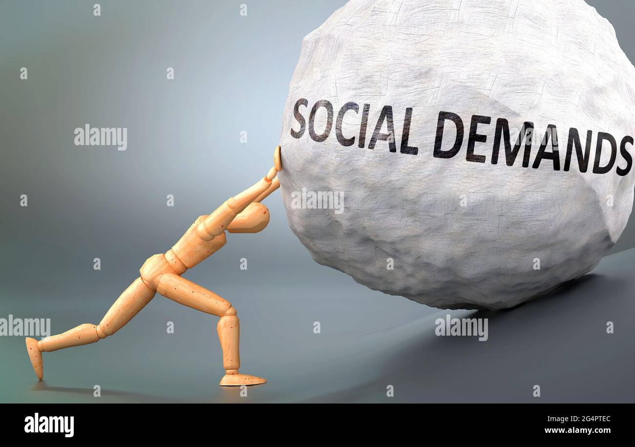 Social demands and painful human condition, pictured as a wooden human figure pushing heavy weight to show how hard it can be to deal with Social dema Stock Photo