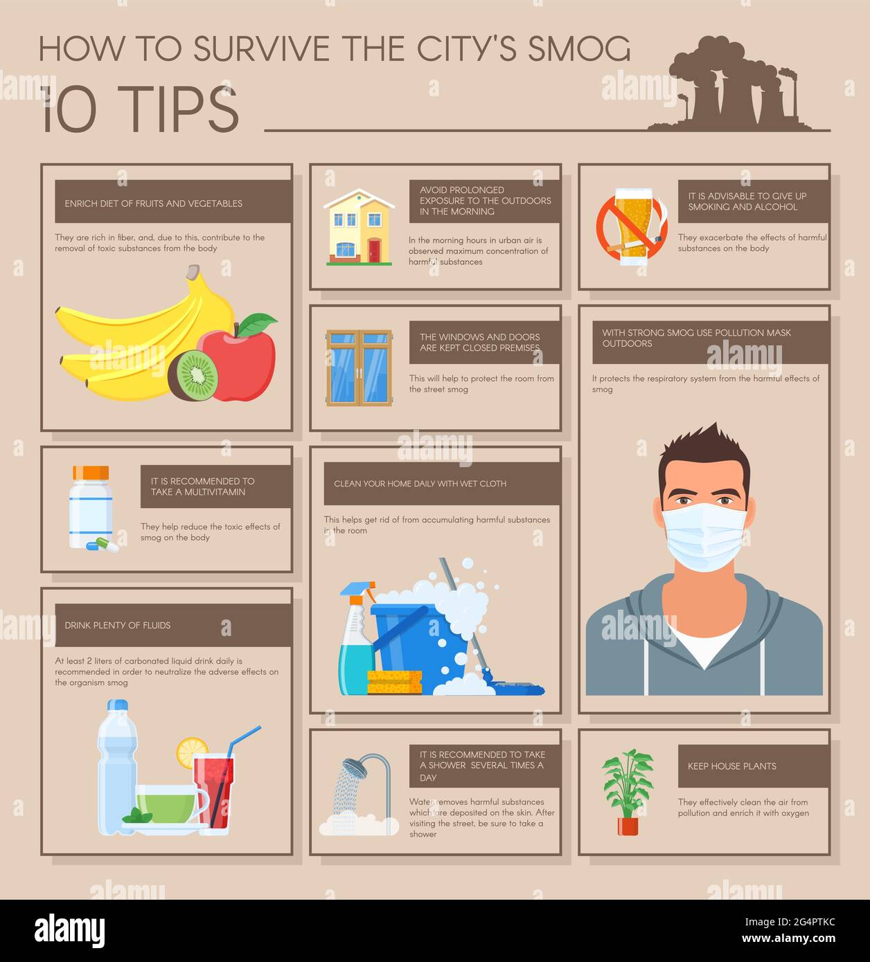 Smog infographic vector illustration. How to survive in polluted city ...