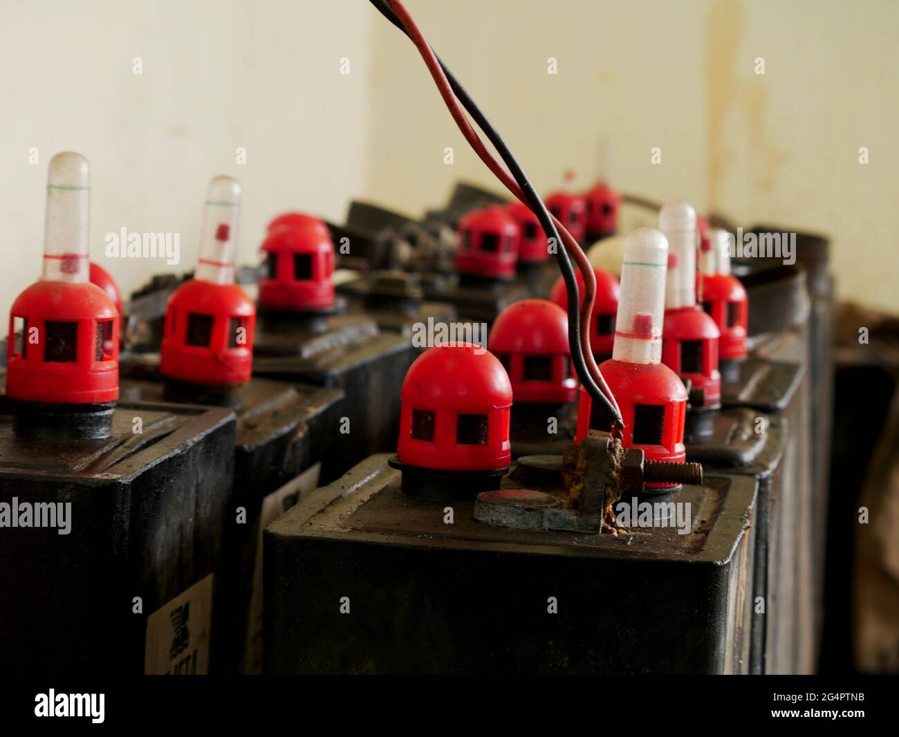 Industrial electric supply heavy equipment battery system closeup Stock