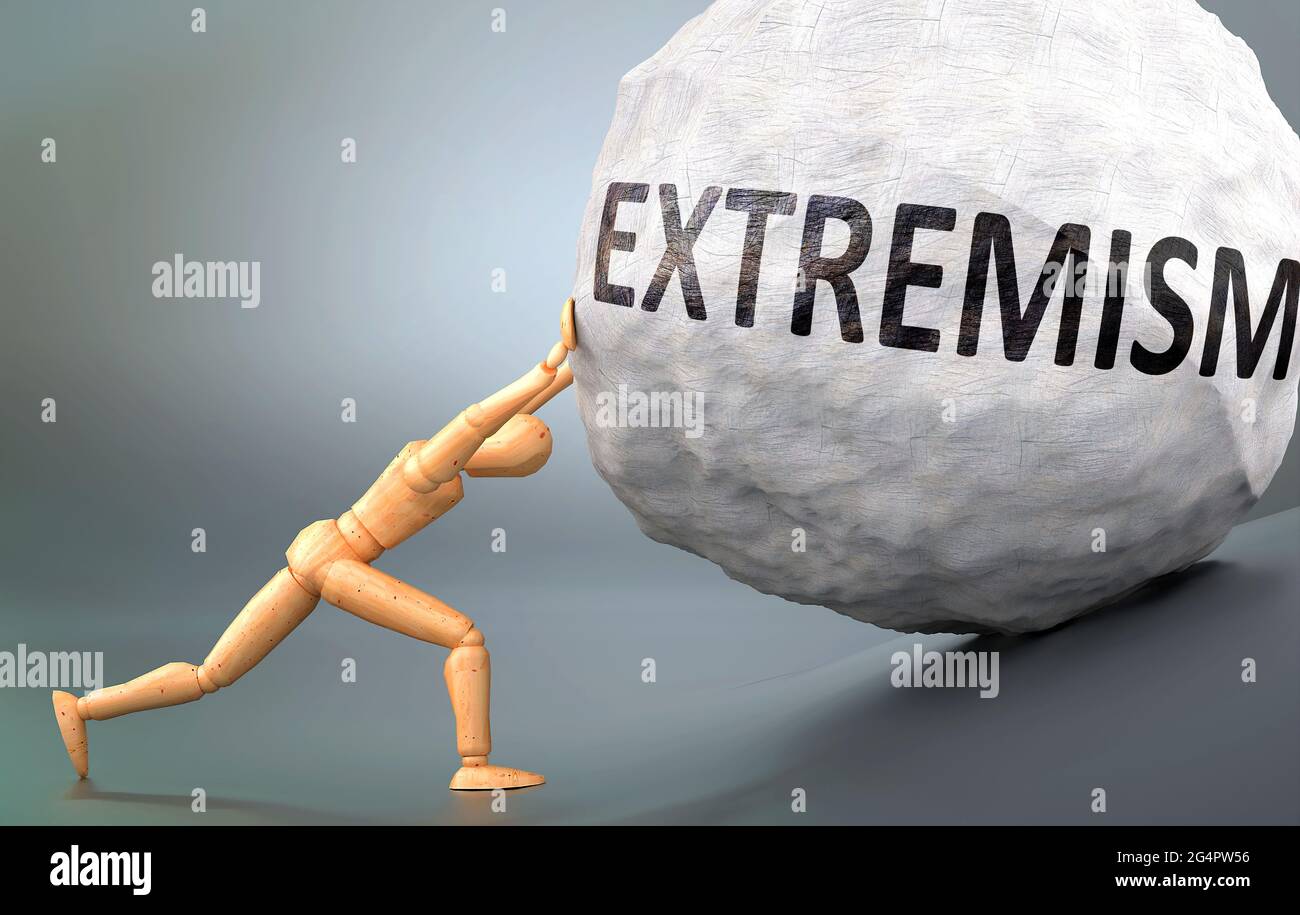 Extremism and painful human condition, pictured as a wooden human figure pushing heavy weight to show how hard it can be to deal with Extremism in hum Stock Photo