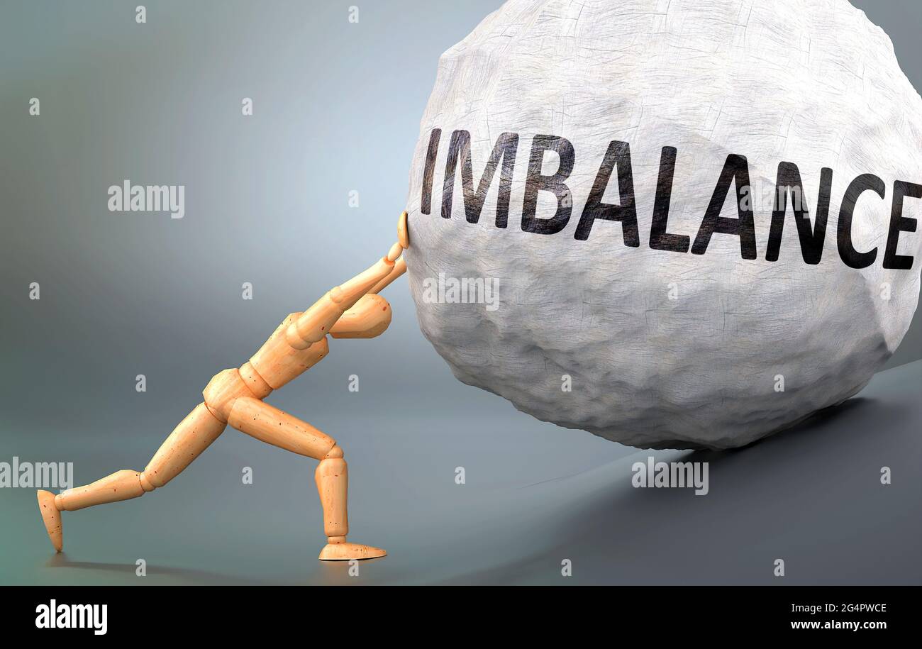 Imbalance and painful human condition, pictured as a wooden human figure pushing heavy weight to show how hard it can be to deal with Imbalance in hum Stock Photo