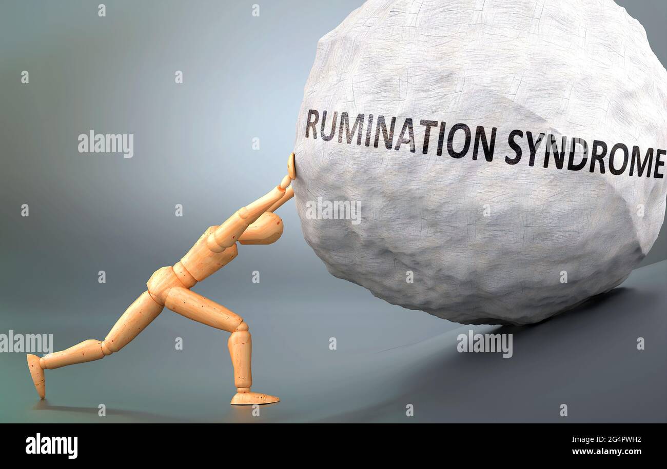 Rumination syndrome and painful human condition, pictured as a wooden human figure pushing heavy weight to show how hard it can be to deal with Rumina Stock Photo