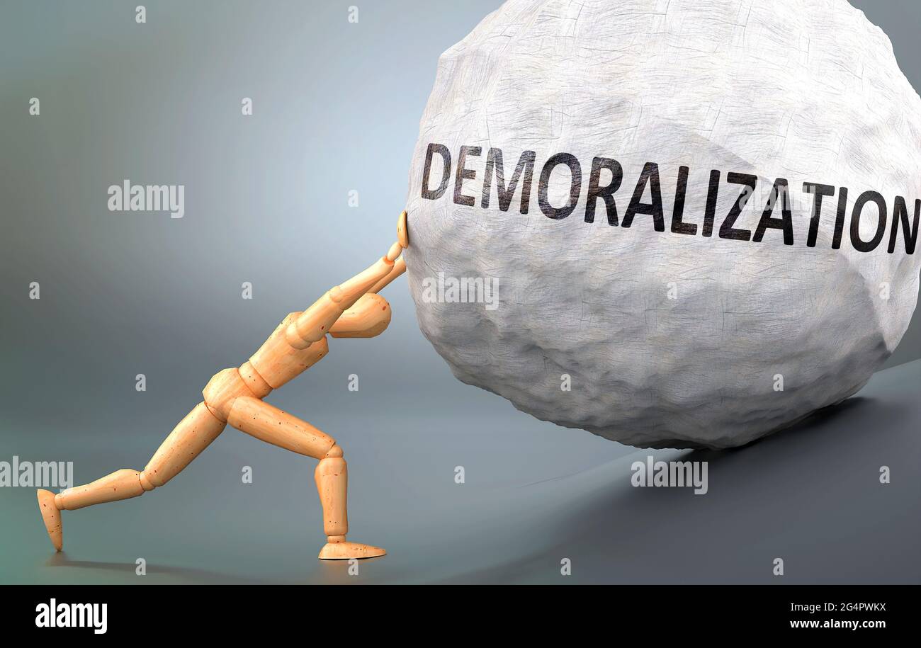 Demoralization and painful human condition, pictured as a wooden human figure pushing heavy weight to show how hard it can be to deal with Demoralizat Stock Photo