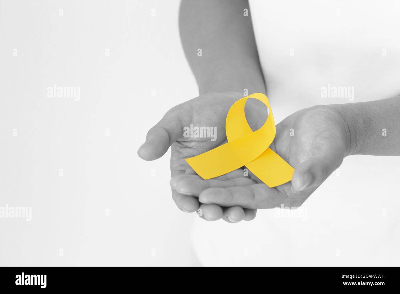 Hands holding gold ribbon on white isolated background with copy space. The international awareness symbol for Childhood Cancer. World Cancer Day. Hea Stock Photo
