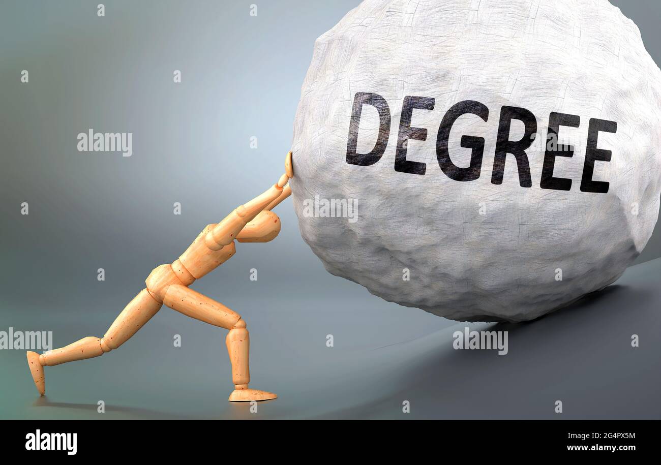 Degree and painful human condition, pictured as a wooden human figure pushing heavy weight to show how hard it can be to deal with Degree in human lif Stock Photo