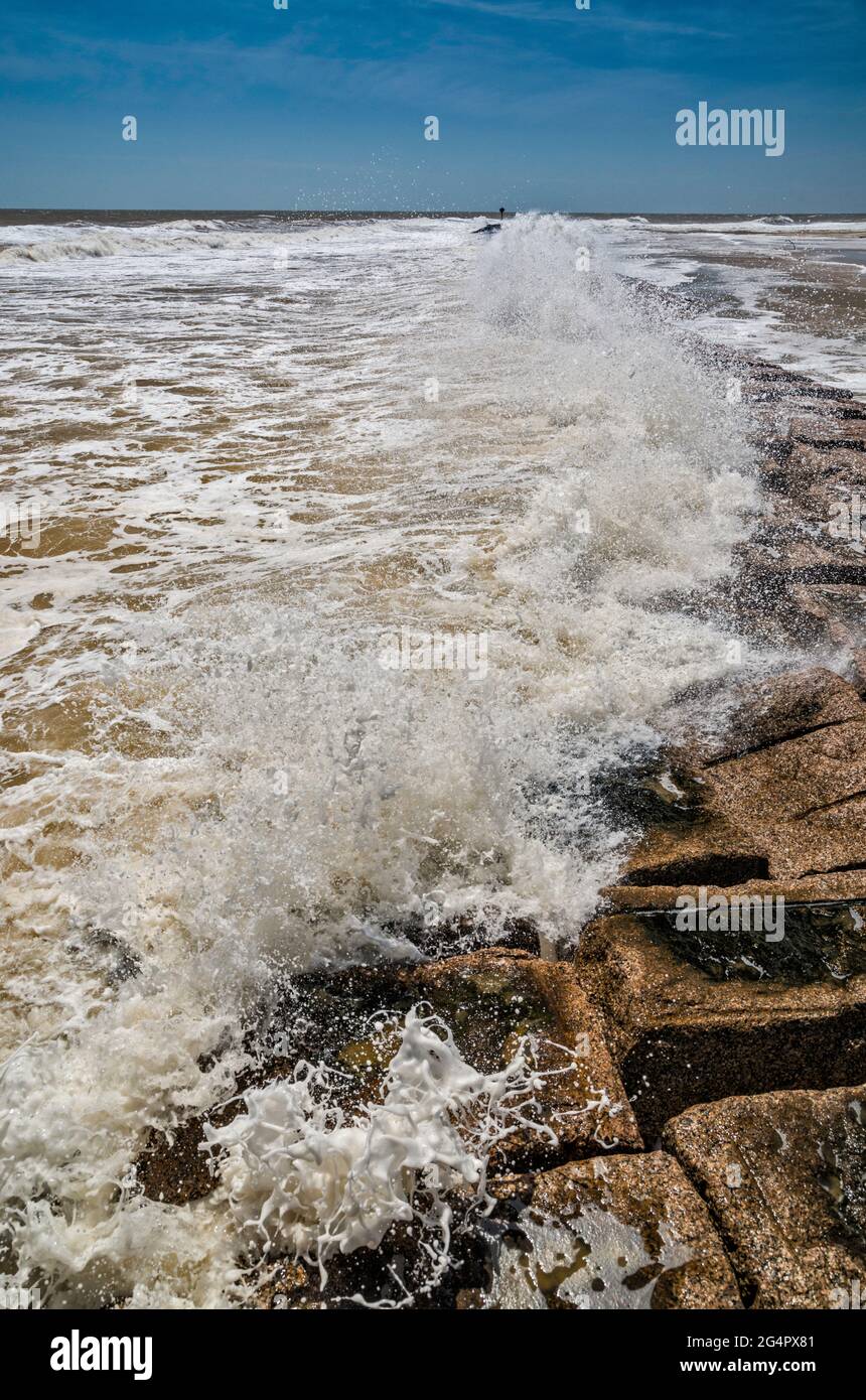 Waves hitting rock breakwater at Matagorda Peninsula near Colorado
