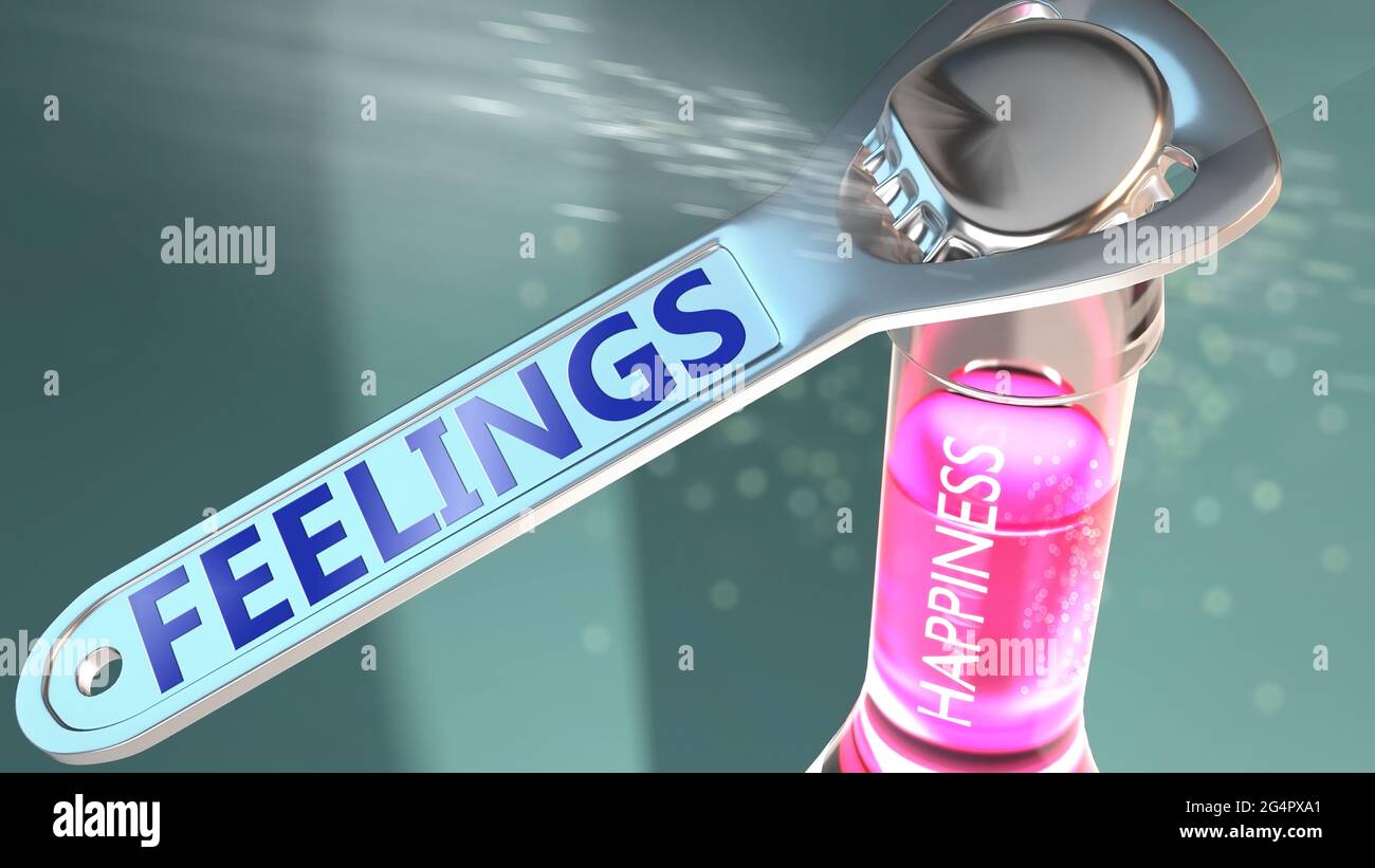 Feelings open the way for happiness and brings joy - shown as a happy bottle opened by Feelings to symbolize the role, effect and impact of Feelings, Stock Photo