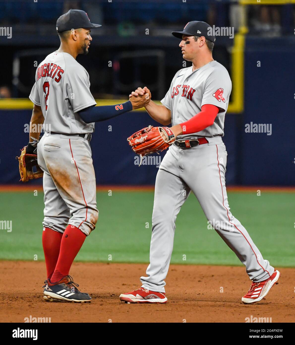 St. Petersburg, United States. 22nd June, 2021. Boston Red Sox's Xander  Bogaerts (L) and Hunter Renfroe celebrate a 9-5 win over the Tampa Bay Rays  in 11 innings during a baseball game