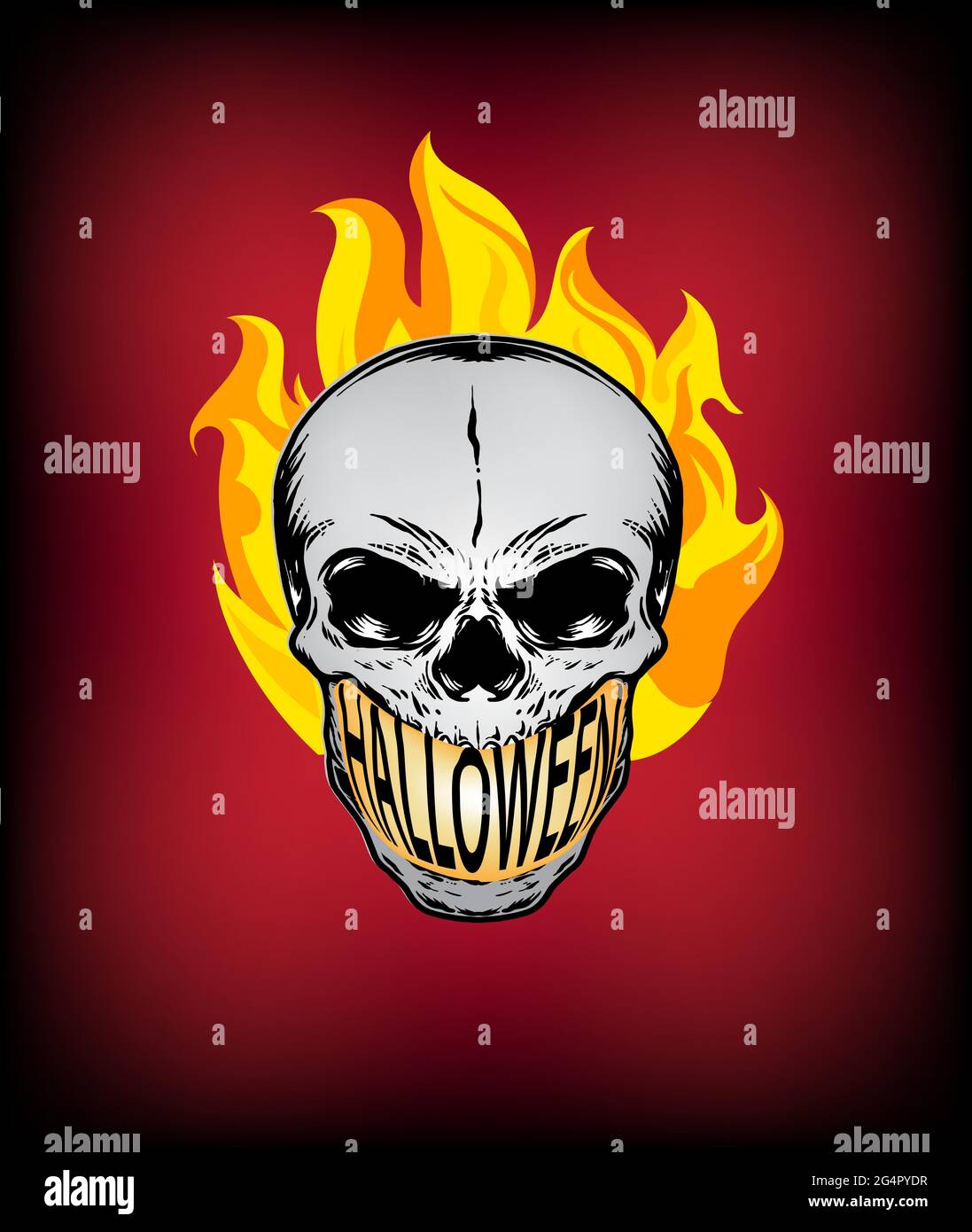 Halloween skull with fire flames and text. Editable vector artwork. Stock Vector