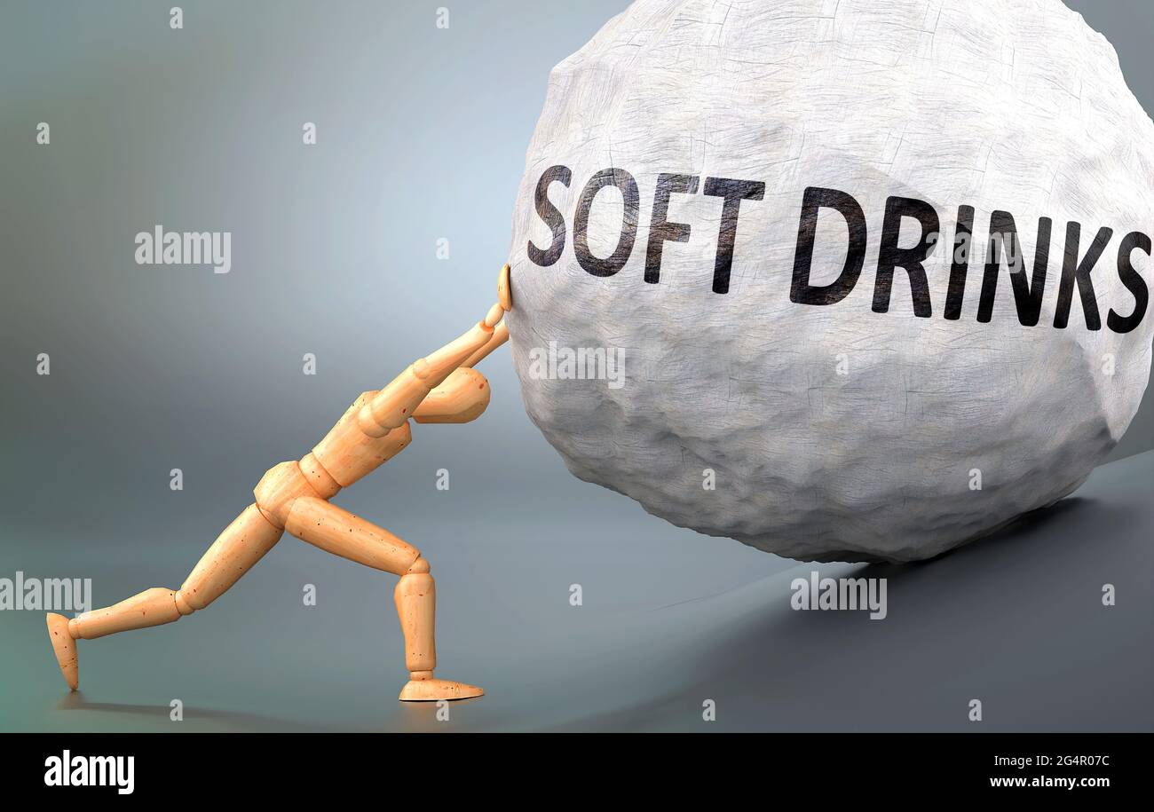 Soft drinks and painful human condition, pictured as a wooden human figure pushing heavy weight to show how hard it can be to deal with Soft drinks in Stock Photo