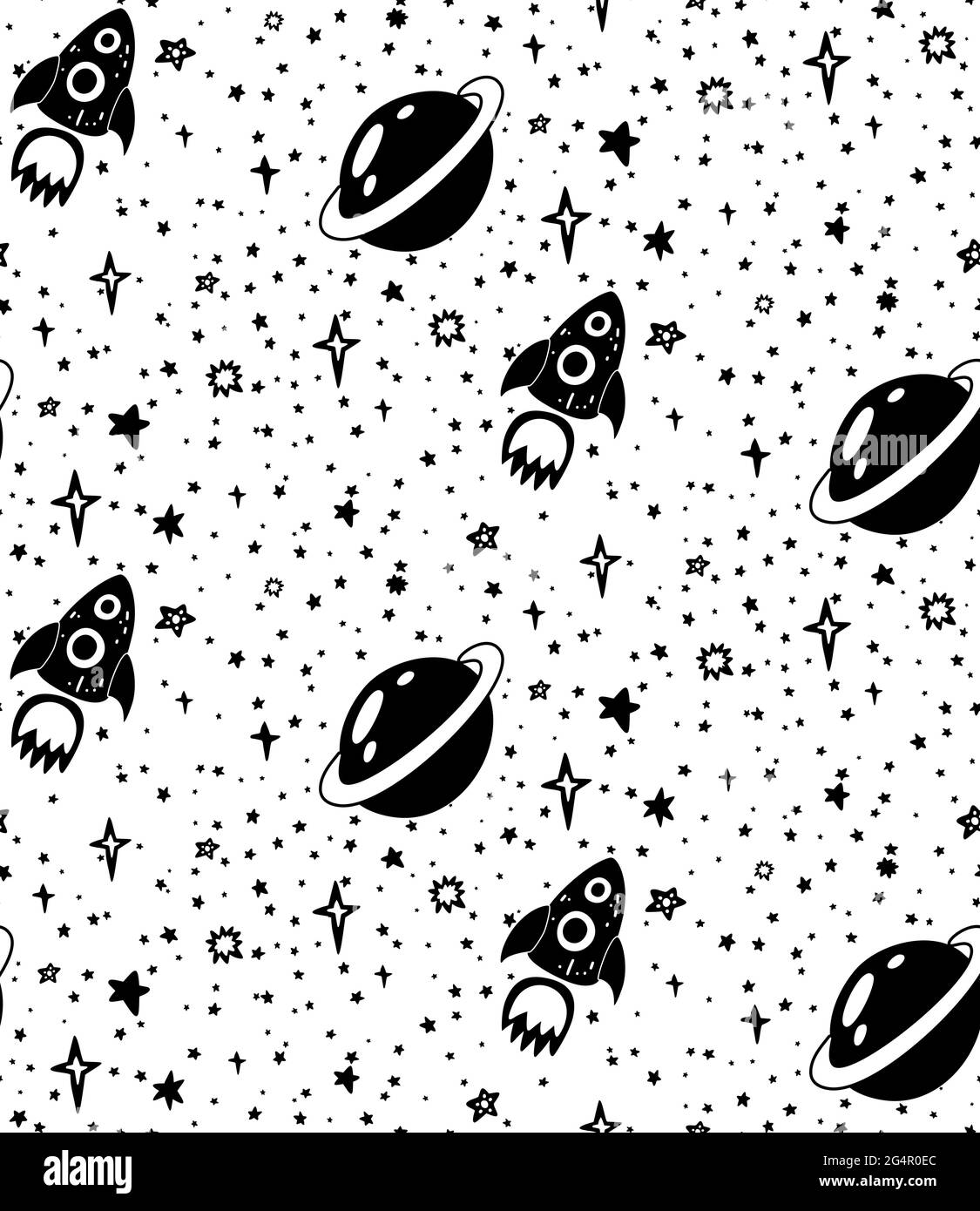 Seamless childish cosmos pattern with black silhouette of stars and Saturn planet, rocket on white background. Vector monochrome texture of the univer Stock Vector