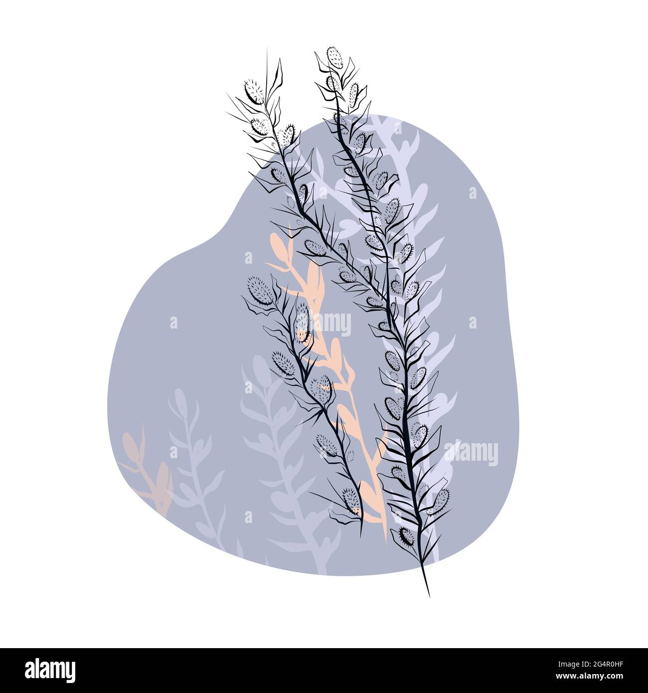 Delicate illustration of outline sketch of wild herbs with thorns on gentle pastel color spot with silhouette. Vector natural contour fashion drawing. Stock Vector