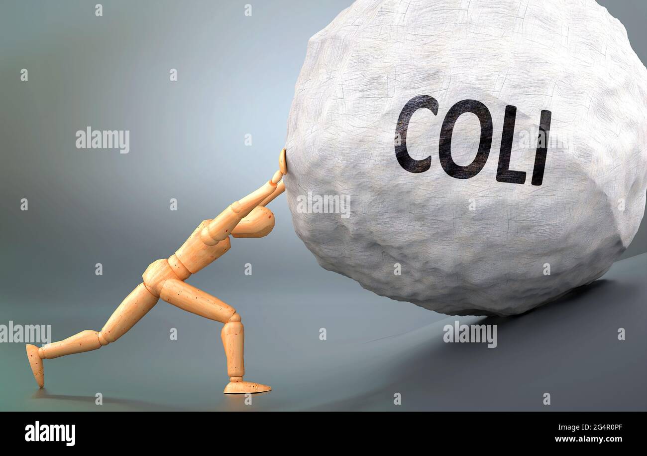Coli and painful human condition, pictured as a wooden human figure pushing heavy weight to show how hard it can be to deal with Coli in human life, 3 Stock Photo