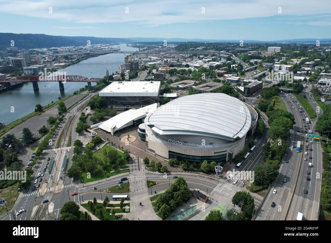 An aerial view of the Moda Center, Tuesday, June 22, 2021, in Portland,  Ore. The arena is the home of the Portland Trail Blazers Stock Photo - Alamy