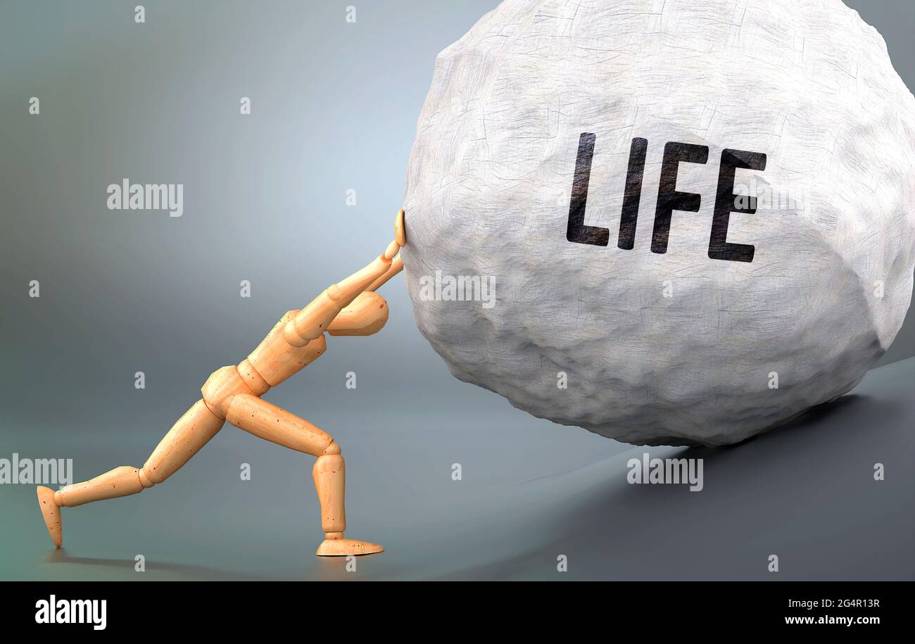 Life and painful human condition, pictured as a wooden human figure pushing heavy weight to show how hard it can be to deal with Life in human life, 3 Stock Photo
