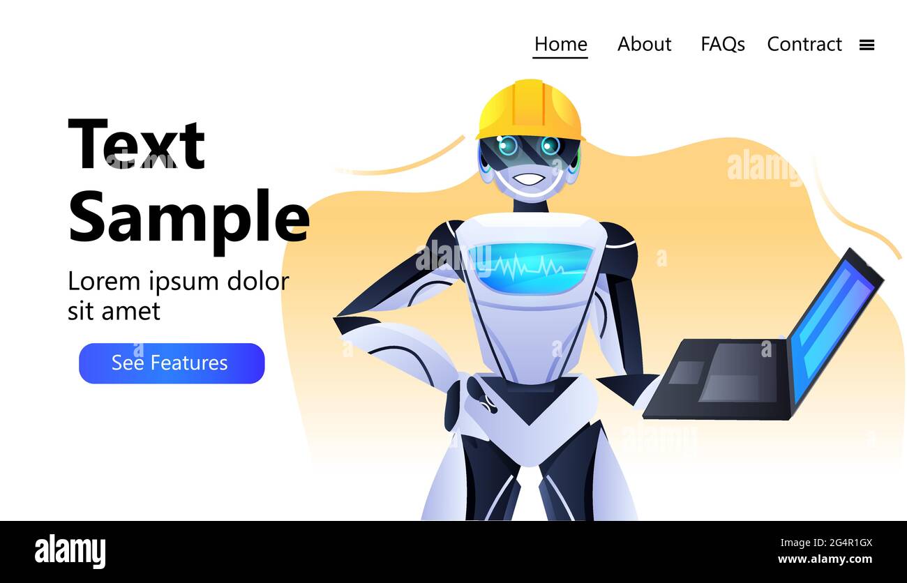 robot engineer in helmet using laptop modern robotic character
