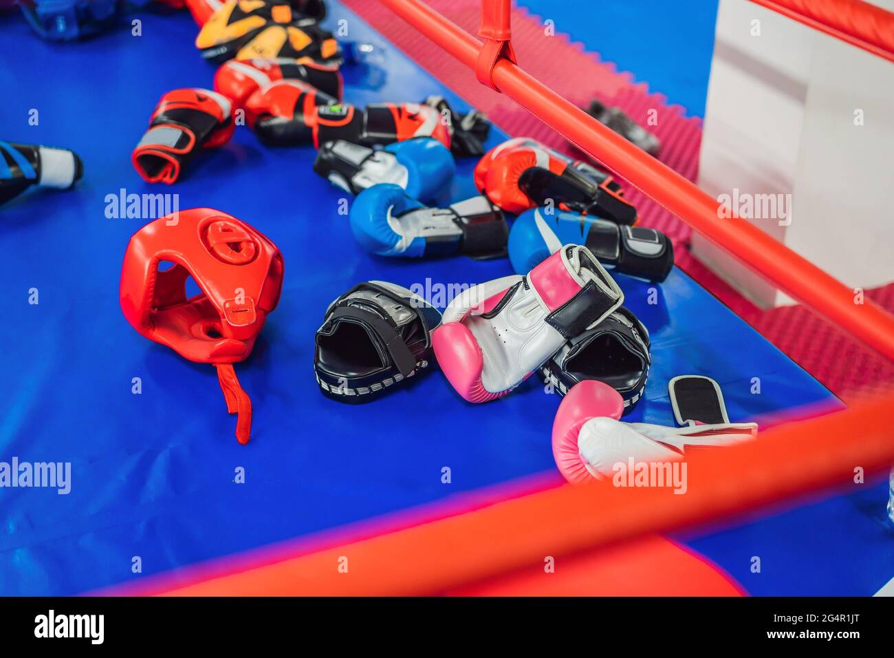 boxing equipment on the ropes of a boxing ring Stock Photo Alamy