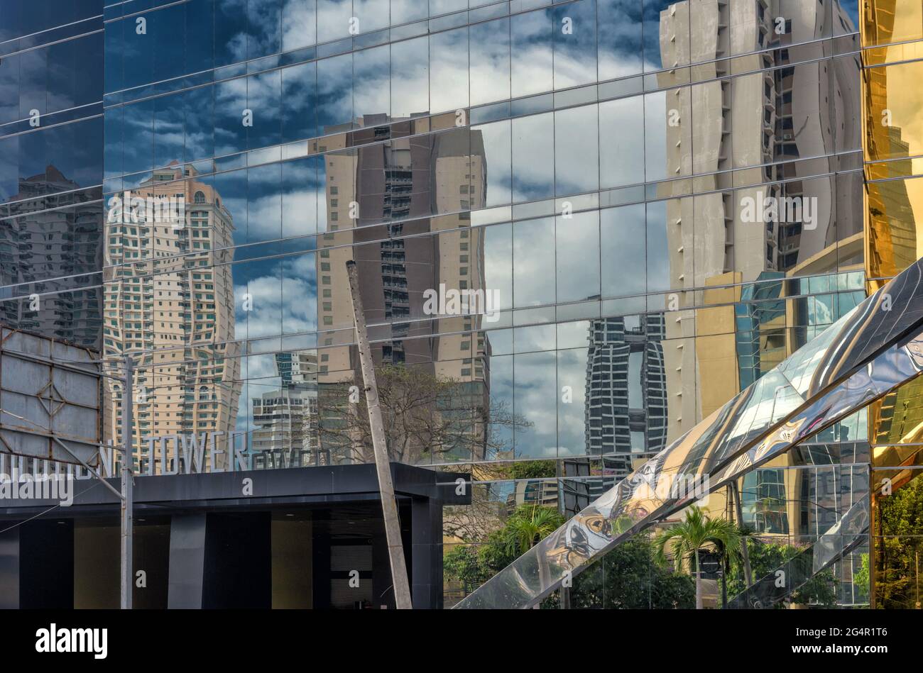 Business skyscrapers in mirror reflection in Panama City Stock Photo