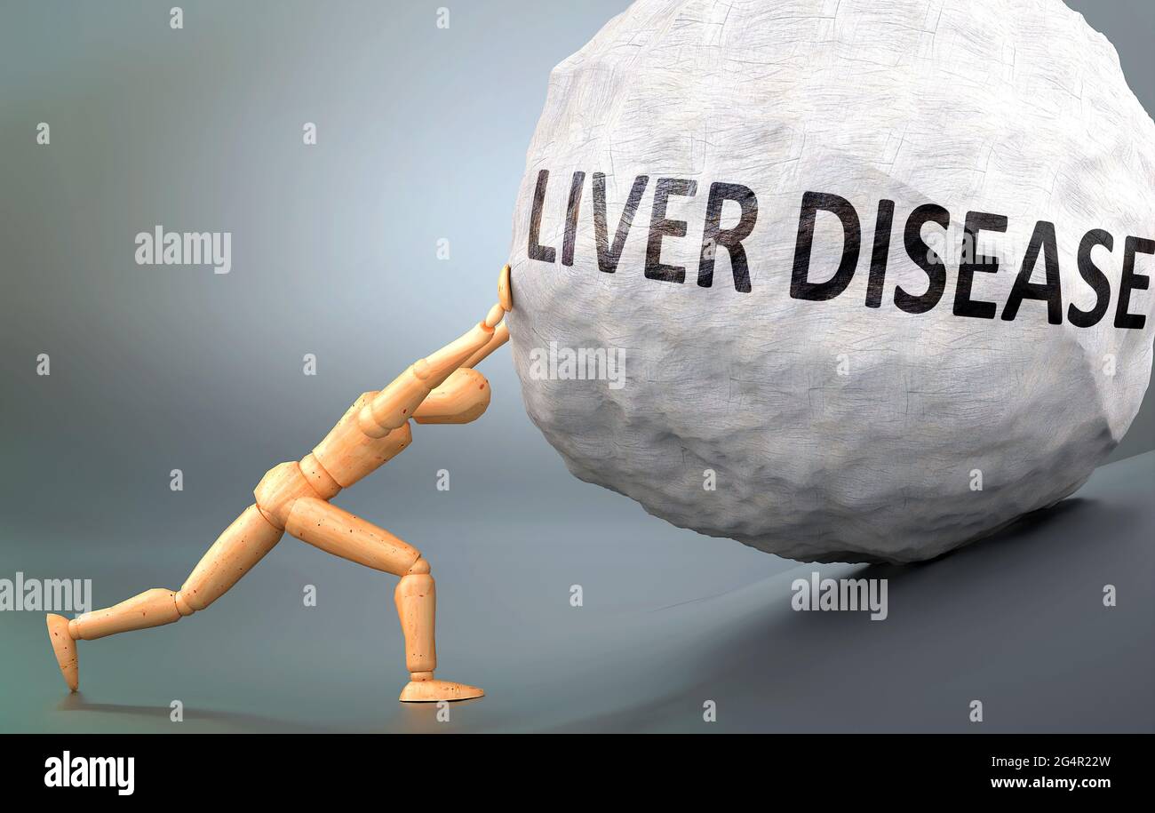 Liver disease and painful human condition, pictured as a wooden human figure pushing heavy weight to show how hard it can be to deal with Liver diseas Stock Photo