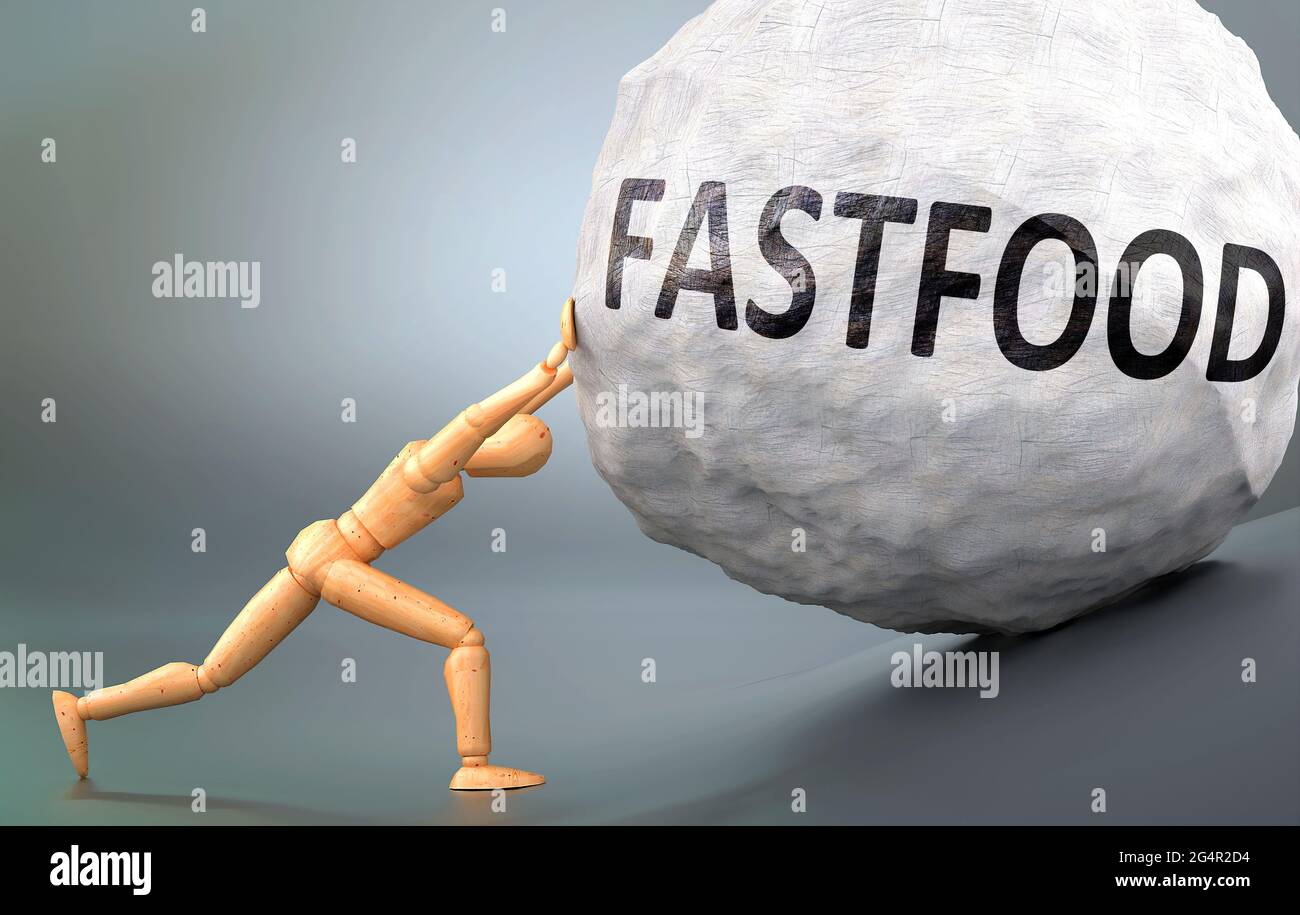 Fastfood and painful human condition, pictured as a wooden human figure pushing heavy weight to show how hard it can be to deal with Fastfood in human Stock Photo