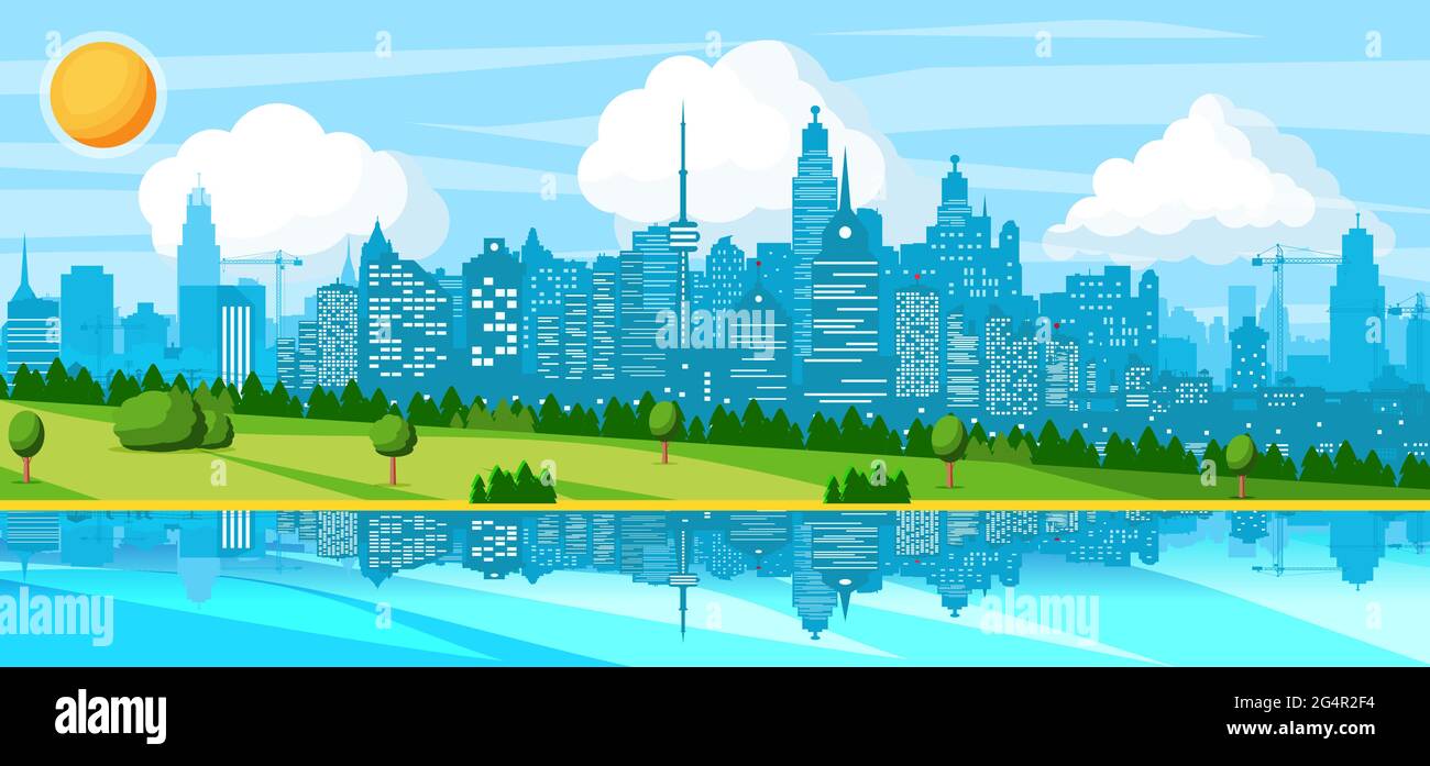 City Landscape with Buildings, River, Hills, Trees Stock Vector Image ...