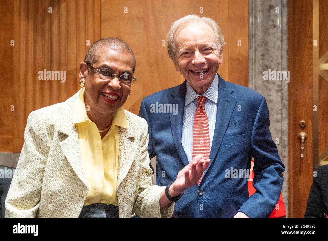 Washington, United States. 22nd June, 2021. U.S. Representative, Eleanor Holmes Norton (D-DC) and Former U.S. Senator, Joe Lieberman (I-CT) at a hearing of the Senate Homeland Security and Governmental Affairs committee at the U.S. Capitol. Credit: SOPA Images Limited/Alamy Live News Stock Photo