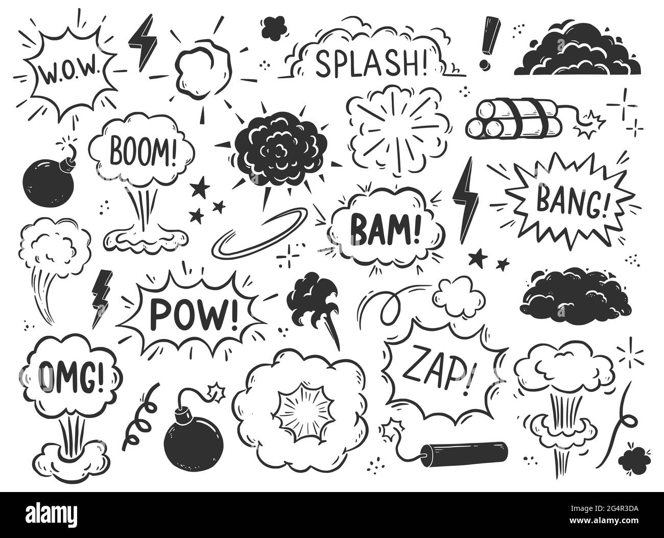 Hand drawn explosion, bomb element. Comic doodle sketch style. Explosion speech bubble with pow, boom, omg text. Vector illustration. Stock Vector