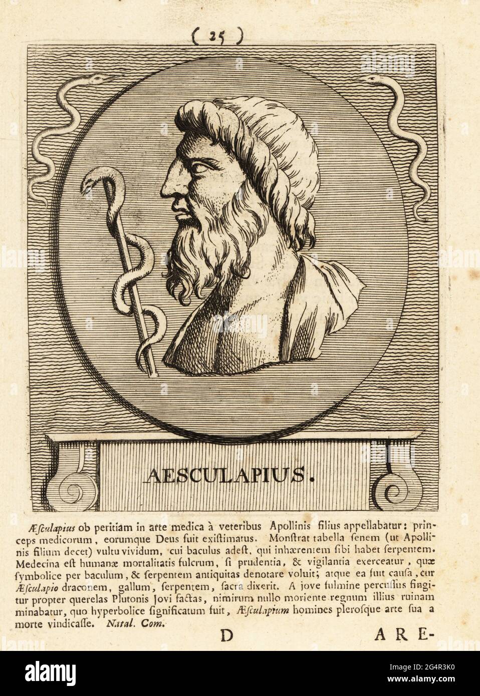 Asclepius or Hepius, hero and god of medicine in ancient Greek religion and mythology. With serpent-entwined staff and serpents. Copperplate engraving by Pieter Bodart (1676-1712) from Henricus Spoor’s Deorum et Heroum, Virorum et Mulierum Illustrium Imagines Antiquae Illustatae, Gods and Heroes, Men and Women, Illustrated with Antique Images, Petrum, Amsterdam, 1715. First published as Favissæ utriusque antiquitatis tam Romanæ quam Græcæ in 1707. Henricus Spoor was a Dutch physician, classical scholar, poet and writer, fl. 1694-1716. Stock Photo