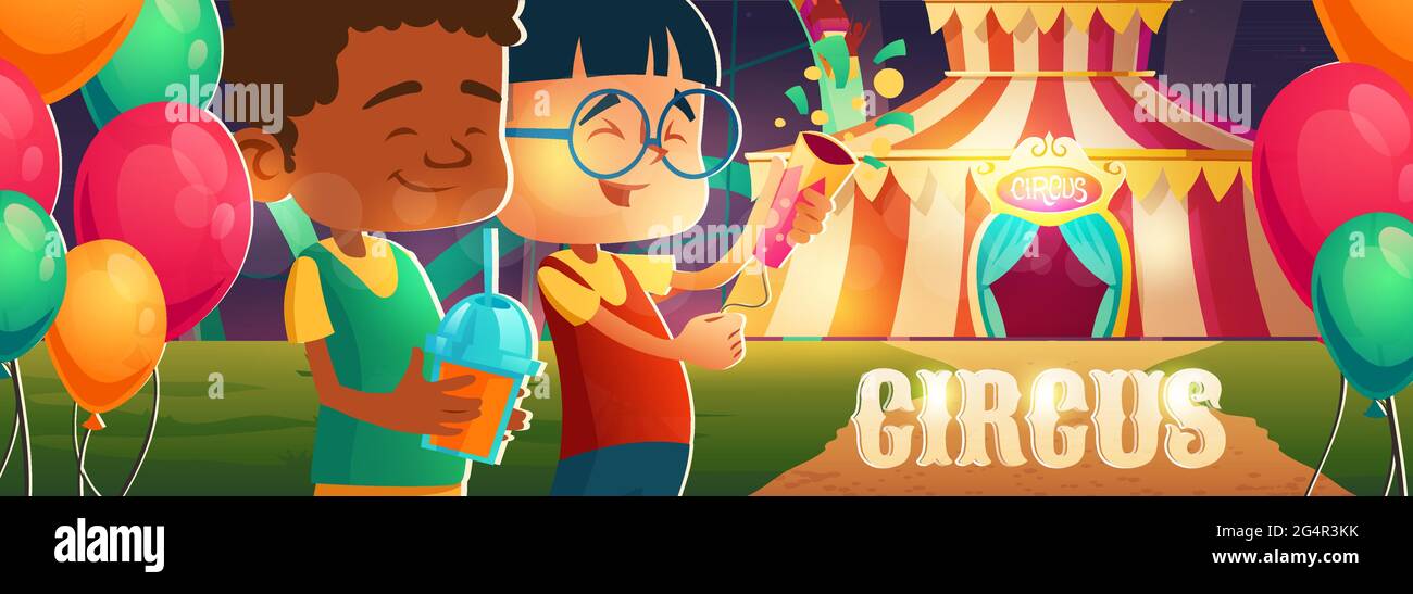 Kids in amusement park with circus, ferris wheel and roller coaster. Cheerful children friends visit night funfair with fireworks and balloons, carnival weekend entertainment cartoon vector banner Stock Vector
