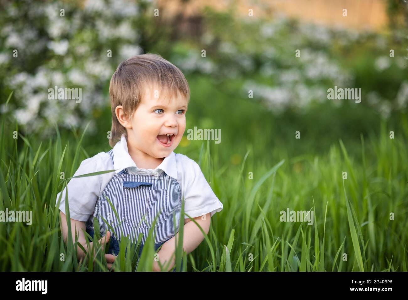 A little boy in denim overalls with expressive blue eyes. Jumping and