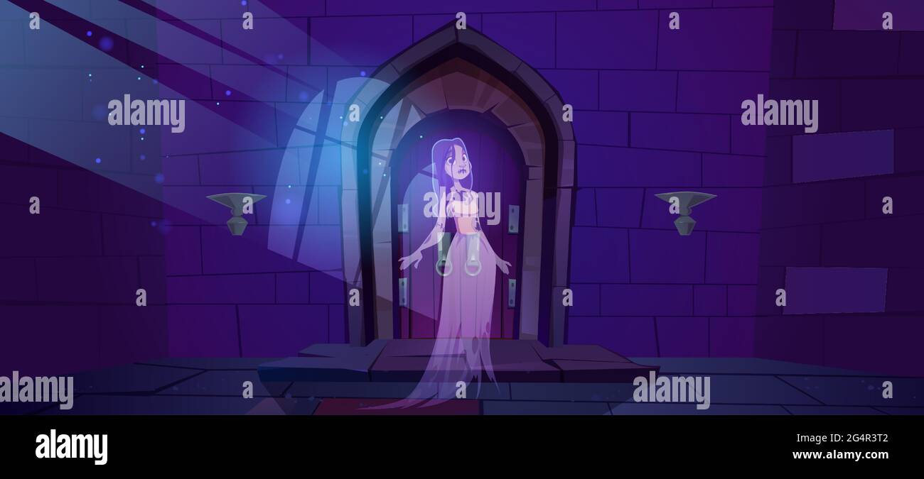 Woman ghost in medieval castle with wooden doors. Vector cartoon spooky illustration of entrance to dungeon, prison or fortress and dead girl spirit. Halloween scary background with phantom lady Stock Vector