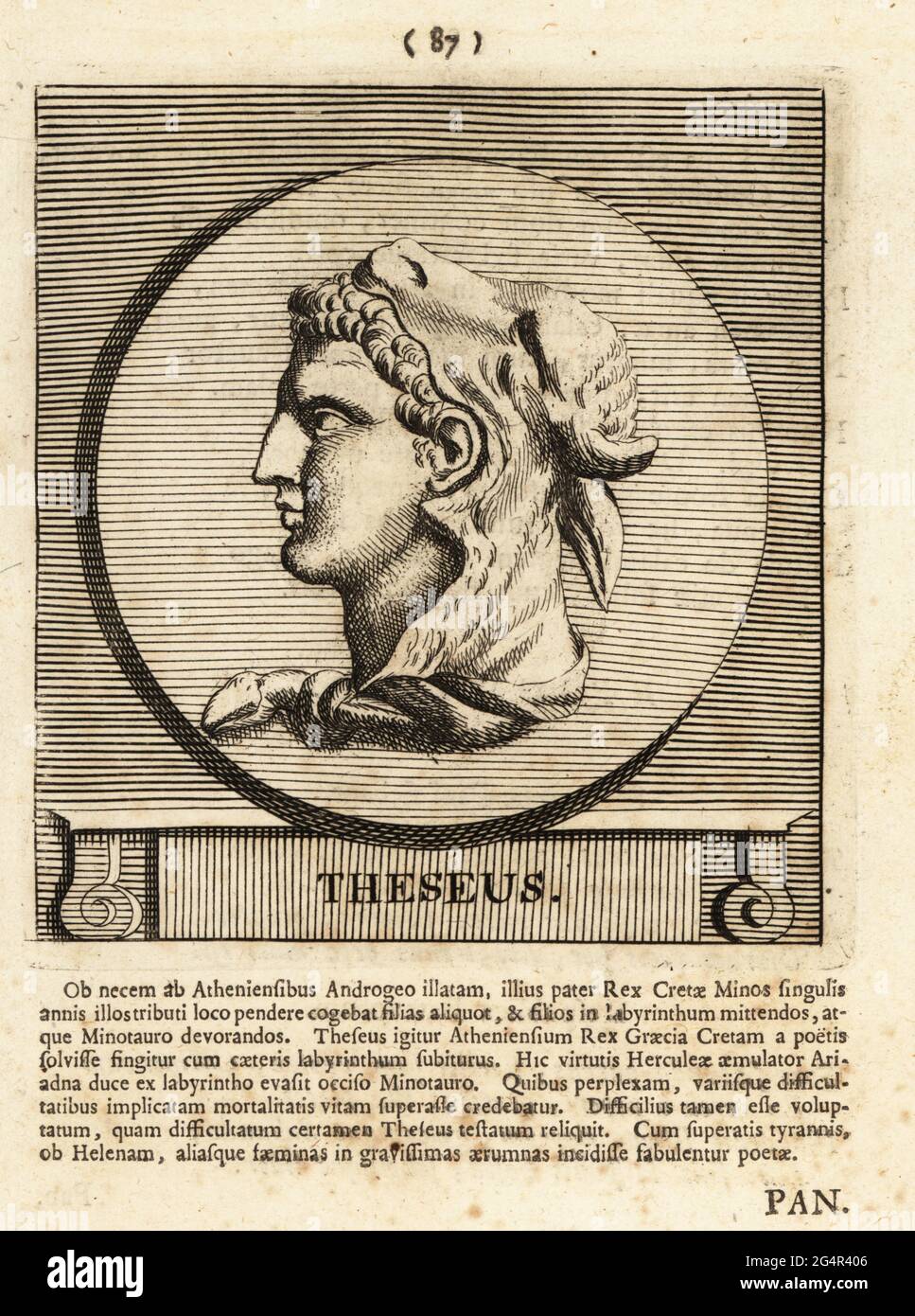 Theseus, mythical king and founder-hero of Athens. Son of Aegeus, King of Athens (or of the god Poseidon) and mother Aethra.. He is wearing a bull's head and horns as a hood. Copperplate engraving by Pieter Bodart (1676-1712) from Henricus Spoor’s Deorum et Heroum, Virorum et Mulierum Illustrium Imagines Antiquae Illustatae, Gods and Heroes, Men and Women, Illustrated with Antique Images, Petrum, Amsterdam, 1715. First published as Favissæ utriusque antiquitatis tam Romanæ quam Græcæ in 1707. Henricus Spoor was a Dutch physician, classical scholar, poet and writer, fl. 1694-1716. Stock Photo