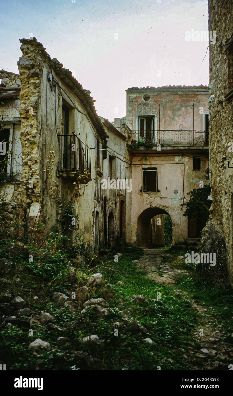 Romagnano al Monte, Campania, Italy. Ancient village destroyed and abandoned. old photo taken in film. Stock Photo