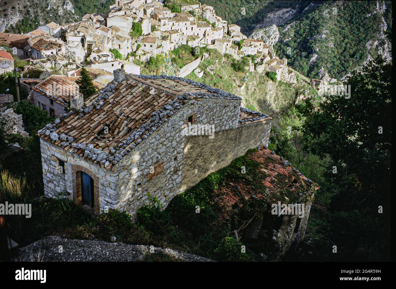 Romagnano al Monte, Campania, Italy. Ancient village destroyed and abandoned. old photo taken in film. Stock Photo