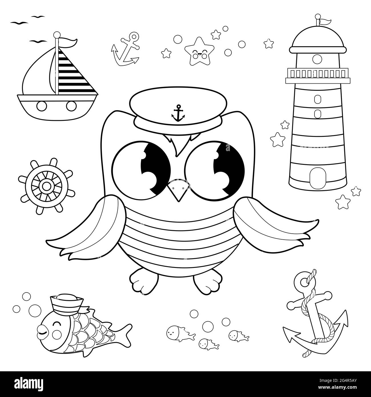 Cute nautical set with sailor owl captain bird. Black and white coloring page Stock Photo