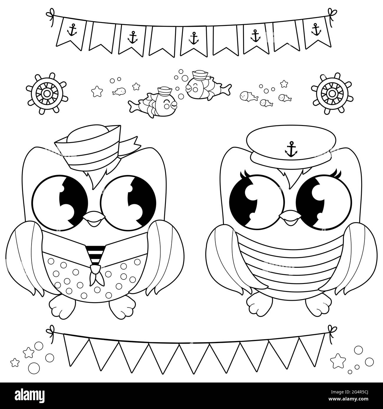 Cute nautical set with sailor owl birds. Black and white coloring page Stock Photo