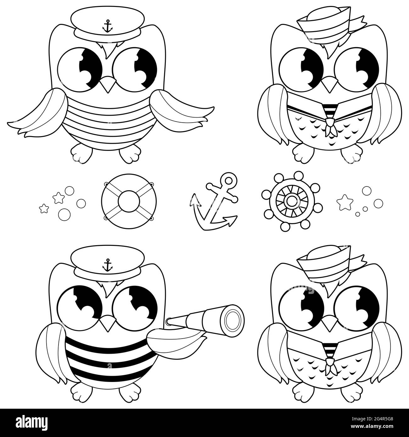 Sailor owls marine nautical set. Black and white coloring page Stock Photo