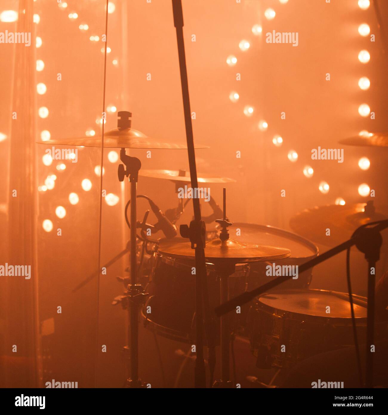 Rock band drum set with cymbals, live music square photo background Stock Photo
