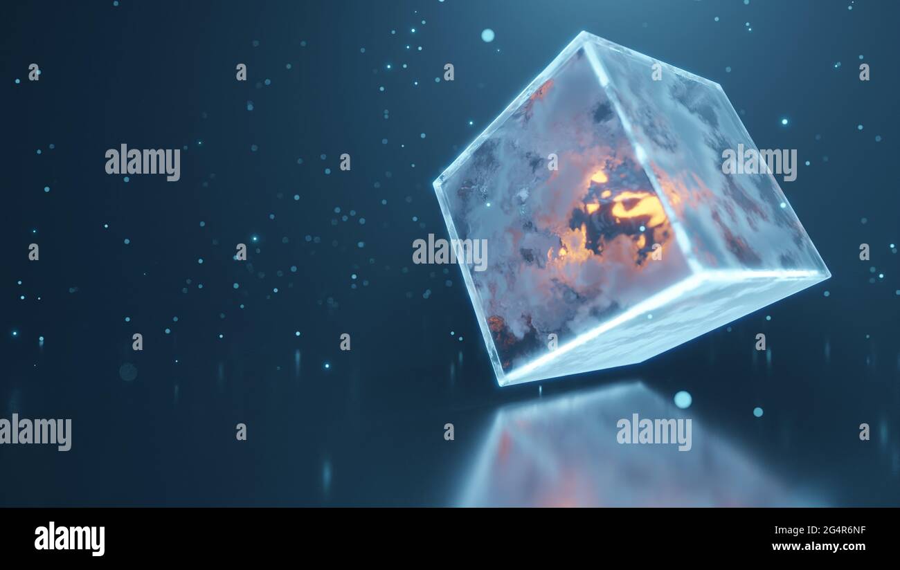 3D rendering of rotating tesseract stone against blue lights
