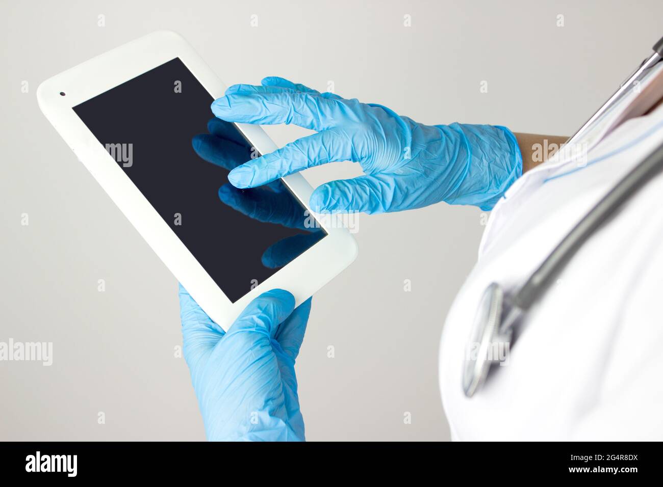 Computerization Of Healthcare System. Medicine doctor touching electronic medical record on tablet. Medical care technology innovation, medicine disco Stock Photo