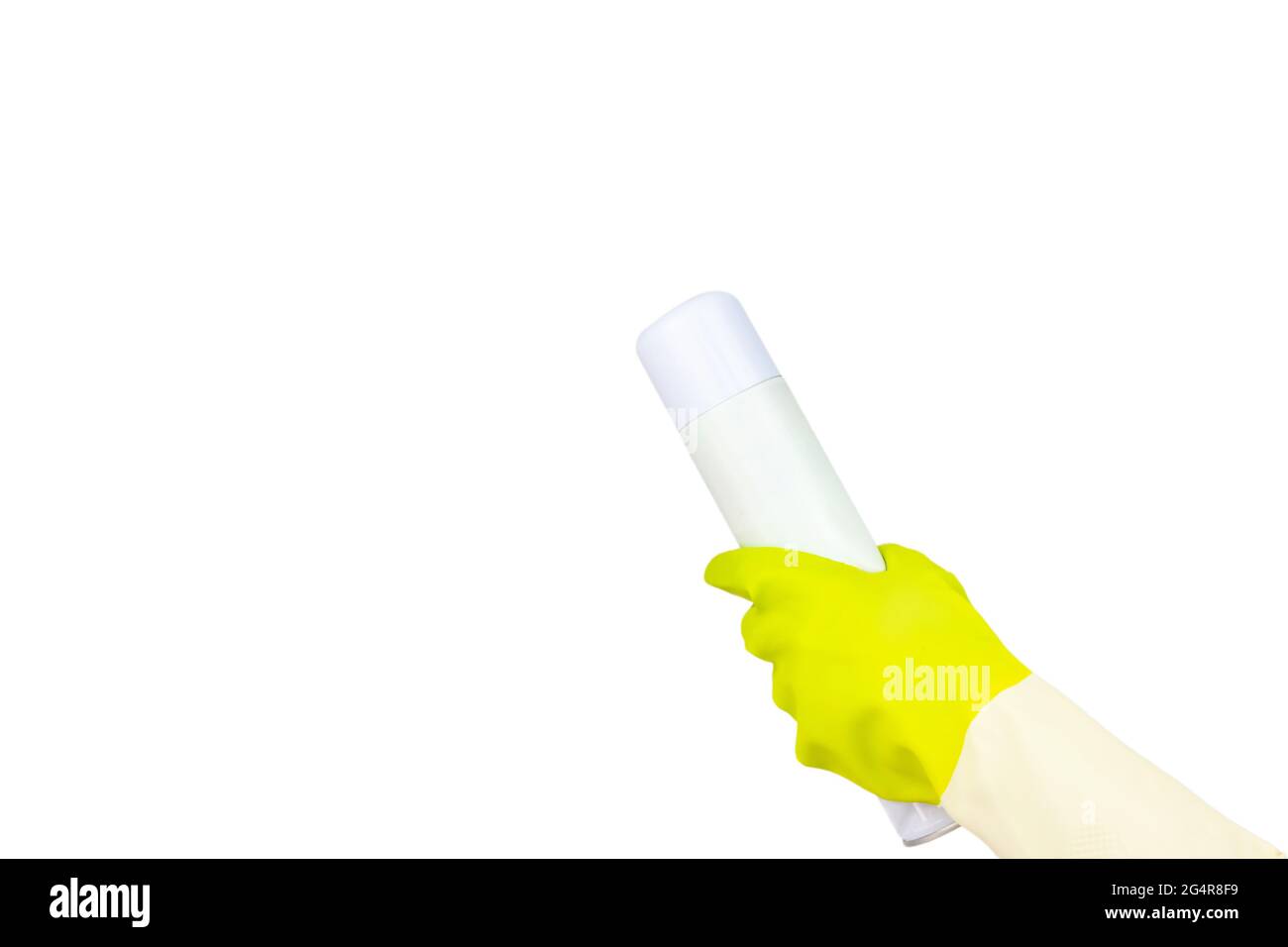 Spring cleaning concept. Top view of hand in yellow rubber gloves holding Air freshener isolated on white. The concept of cleaning service Stock Photo