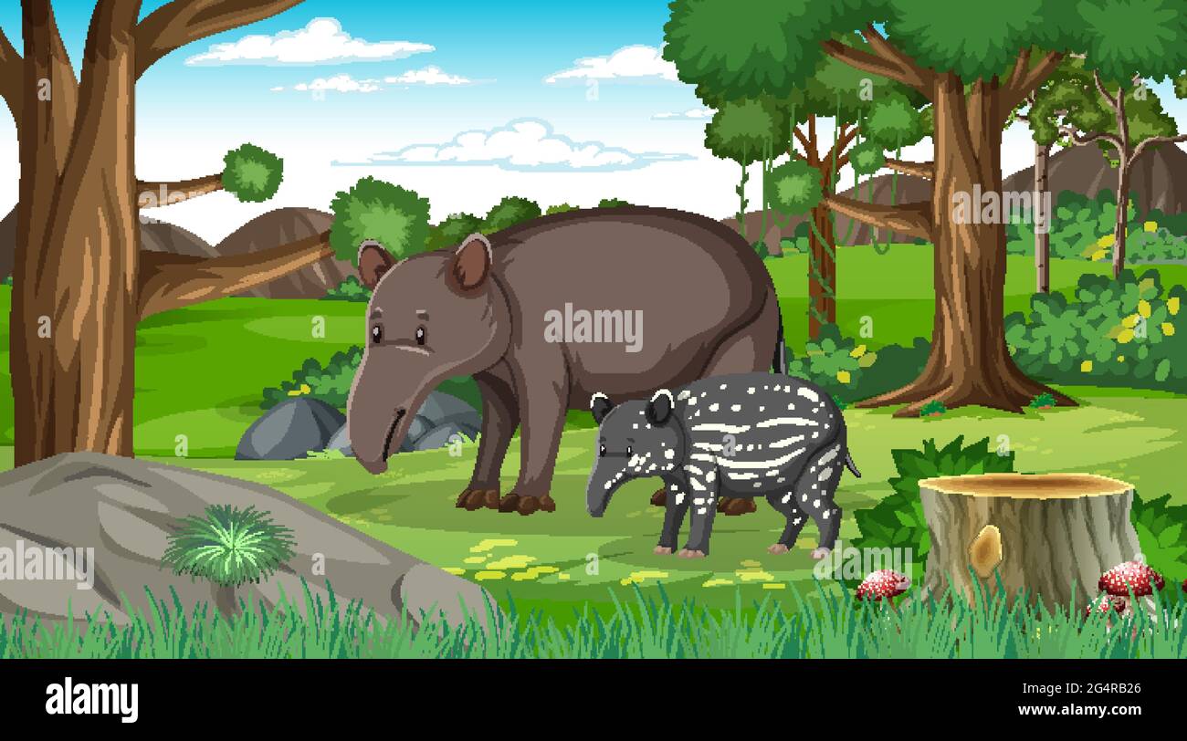 An adult aardvark and baby in forest scene with many trees illustration Stock Vector