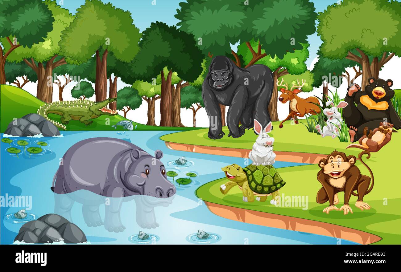 Many different animals in the forest scene illustration Stock Vector