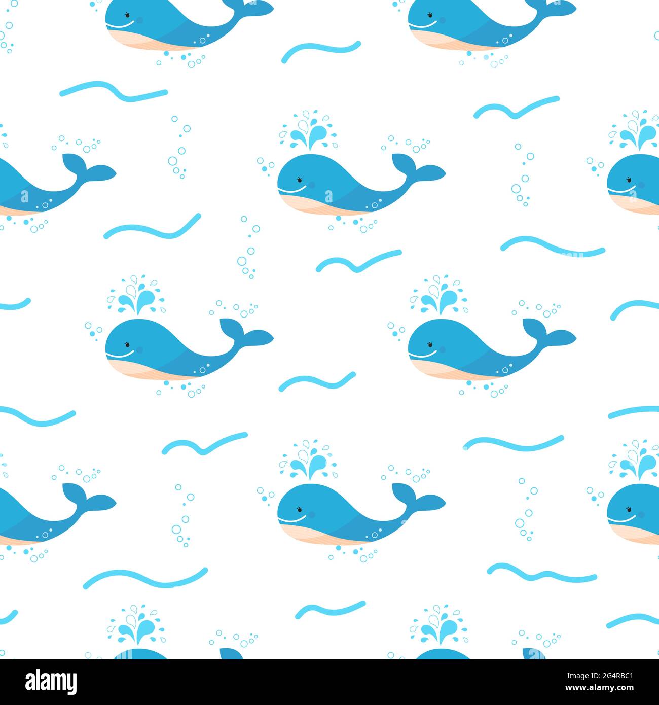 Kids pattern with blue whale and waves. Cute little whale seamless ...