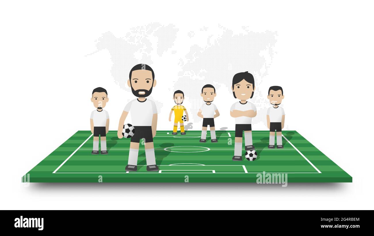 Soccer players team stand on perspective football field . Dotted world map on white isolated background . Sportsman cartoon character . 3D Vector desi Stock Vector