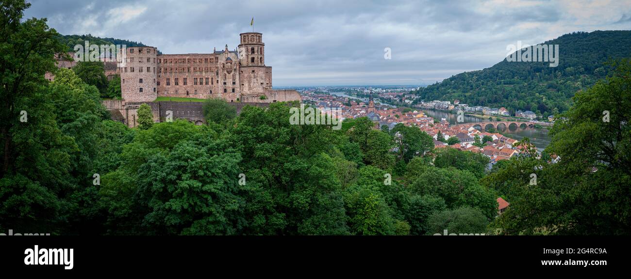 Heidelberg, GER, Badenwürtemberg - June 22, Heidelberg Panorama, Scheffelterasse . Im Bild: Eine Panorama Aufnahme vom Heidelberger Schloß mit Bilck a Stock Photo
