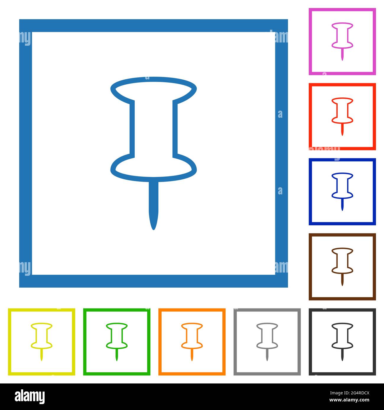 Push pin outline flat color icons in square frames on white background ...